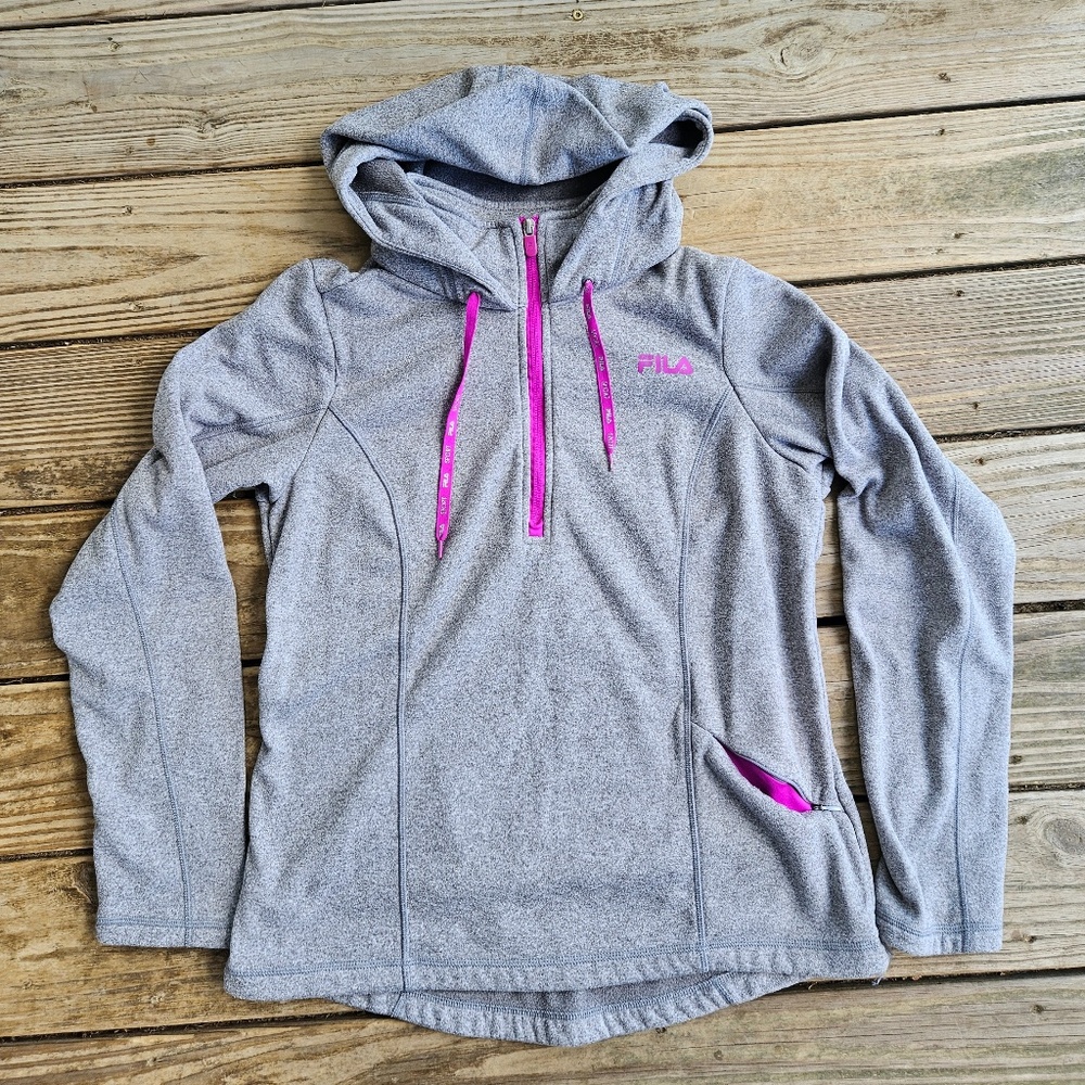 Fila Sport Track Jacket Gray/Pink 1/4 Zip Fleece Hoodie Women's Size L